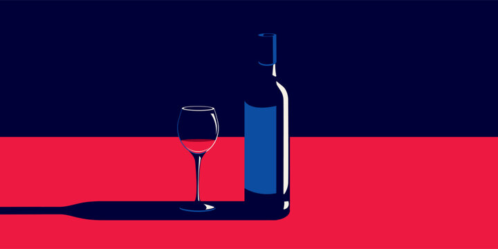 Illustration of a bottle of wine and a glass of wine in retro style.