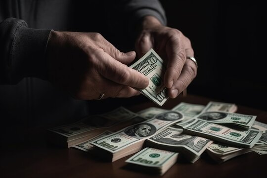 Close-up of male hands counting stack of hundred dollar bills created by AI