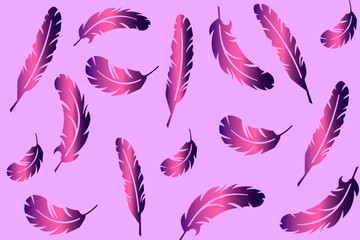 Vector collection of feathers, beautiful feathers of different shapes scattered randomly on a pastel pink background
