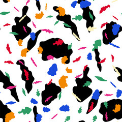 Terrazzo texture with black and multicolored spots or splatters scattered on a white background. Modern stylish abstract illustration in flat style for fabric print, wrapping paper, wallpapers