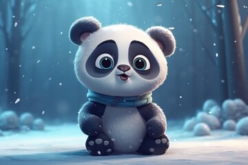 a cute adorable baby Panda in snow generative ai rendered in the style of children-friendly cartoon animation fantasy stylee created by AI