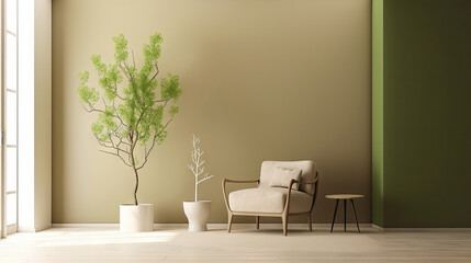 Minimal interior design living room with beige cozy tone style, decorate with armchair, vase, branches tree, and pastel background with shadow, empty wall for mock up and banner, with Generative Ai.