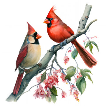 Illustration of a male and female cardinals on a tree branch with transparent background. Generative AI