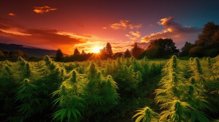 Fototapeta na wymiar Cannabis field at sunset. Generative AI