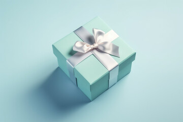Obraz premium Blue gift box and silver ribbon on pastel isolated background.Top view.Copy and text space.Created with generative ai