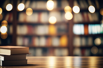 Wooden tree with books on blur background of library with bookshelf. Flawless Generative AI Generative AI