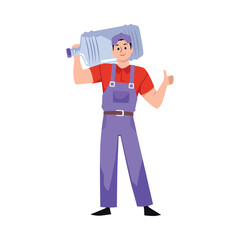 Happy water delivery courier holding gallon of water, flat vector illustration isolated on white background.