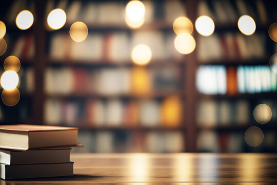 Wooden tree with books on blur background of library with bookshelf. Flawless Generative AI Generative AI