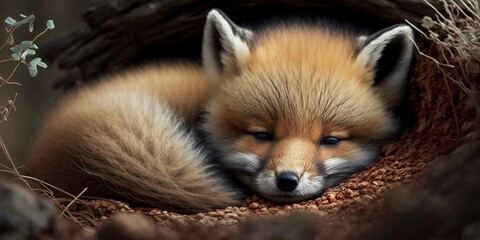 Cute baby fox in snow, winter seasonal theme. Generative Ai.