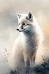 Naklejka premium Soft watercolor painting of a small white fox with transparent background. Generative AI