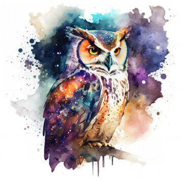 Watercolor galaxy illustration of an owl with transparent background. Generative AI