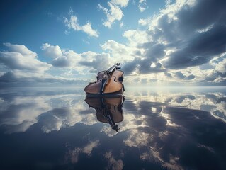 a cello on the mirror lake, a reflective cloudy sky, nature with design