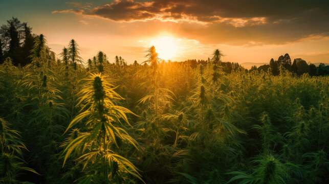 Cannabis field at sunset. Generative AI