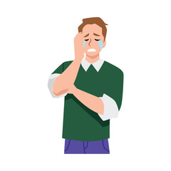 Man crying in distress and despair, feeling pain or stress, flat vector isolated.
