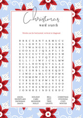 Christmas word search puzzle. Educational game. Winter holidays theme learning vocabulary. Crossword, printable worksheet. Suitable for social media post.