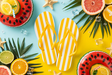 Enjoy the summer sun with this flat lay of swim ring, cocktails, palm leaves, citrus fruit,...