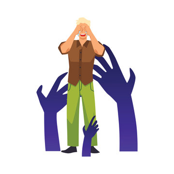 Man in anxiety haunted by fears and phobias flat vector illustration isolated.