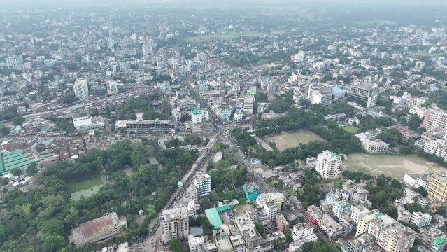 Aerial shot of city sky, Bogura city birdeye view drone footage in bangladesh