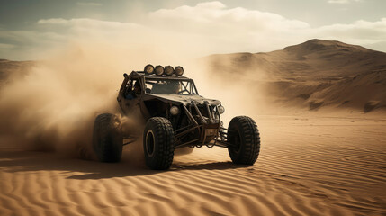 Fototapeta premium Highly customized rusty buggy rushes through the desert. Generative AI