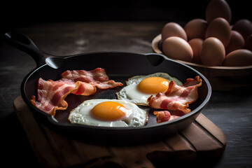 Traditional english breakfast with fried eggs and bacon in cast iron pan on dark wooden background. Top view. AI generated.