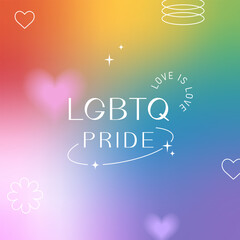 Naklejka na ściany i meble Pride Month, banner, greeting card, poster, cover. LGBT colorful rainbow concept. Trendy blurred gradient, geometric shapes, typography, y2k background. Social media template.