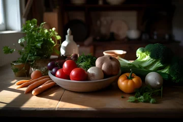 Foto op Canvas Fresh vegetables ready for cooking, preparation for healthy cooking on a wooden table in the rustic interior of the kitchen. AI generated. © AnaWein