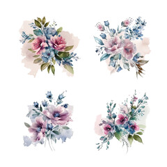 Set of floral branch. Flower pink rose, green leaves. Wedding concept with flowers. Floral poster, invite. Vector arrangements for greeting card or invitation design