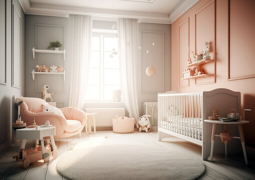 Baby room in a beautiful design. Very nice clean interior of the Baby room. Baby room with all the necessary equipment and toys. AI generated illustration.