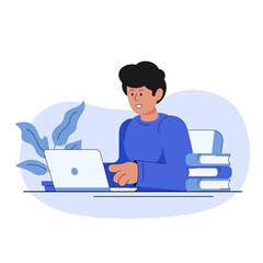 Illustration with a man working at a laptop. Online education, remote work/