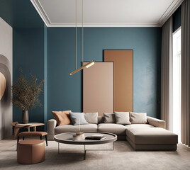 Minimalist interior design of modern living room with beige textile sofa and posters. Created with generative AI