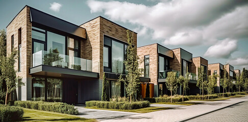 Fototapeta premium Modern modular private townhouses with brick and black walls. Residential architecture exterior. Created with generative Ai