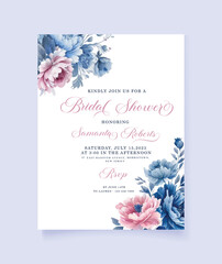 Bridal Shower Invitation Card Template With Vintage Blue Floral Design