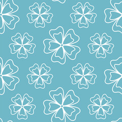 Seamless pattern of hand drawn doodle flowers on isolated blue background. Design for springtime, mother’s day, scrapbooking, nursery decor, home decor, paper crafts, invitation design. 