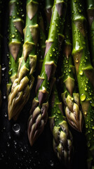 Fresh asparagus with water drops, close-up shot on black background. Generative AI.