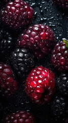 Fresh blackberry with water drops, close-up shot on black background. Generative AI.