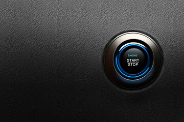 Engine start button with blue glowing ring on a modern car - obrazy, fototapety, plakaty