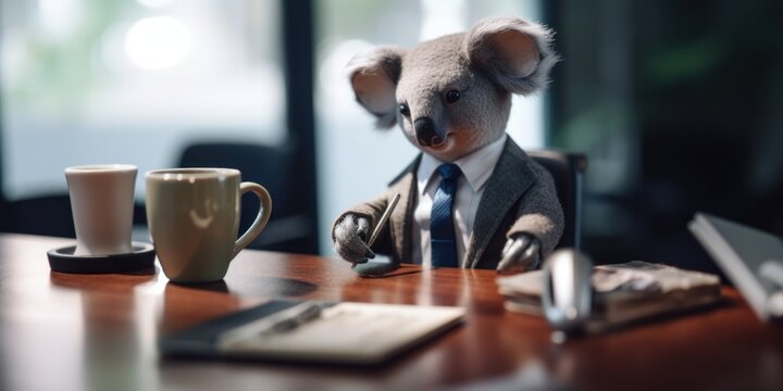 A coala boss is sitting at a table with a cup of coffee. AI generative image.