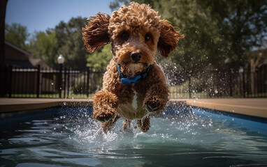 Excited poodle puppy leaping into a pool, embodying the joy of a summer day.