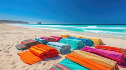 Beachfront Bliss: A Vibrant Collection of Beach Towels and Sun Loungers, AI-Generated