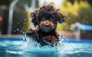 Adorable black puppy swimming in a pool, splashing water around with enthusiasm.