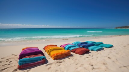 Beachside Bliss: Colorful Towels and Lounge Chairs Set Against a Perfect Blue Sky, AI Generative