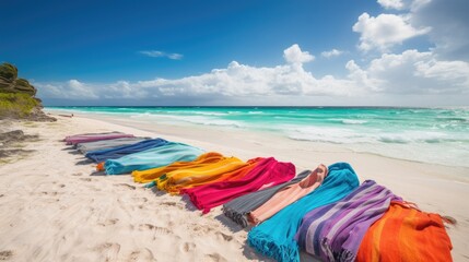 Sun-Kissed Serenity: Pristine Beach with Vibrant Towels and Loungers in a Tranquil Setting, AI Generative