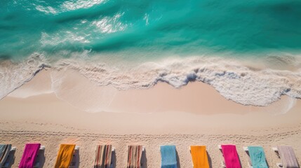 Obraz premium Tropicana: Beach Towels and Sun Loungers in Bold Colors, Overlooking a Beautiful Sea View, AI Generative