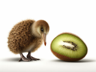 A kiwi bird looks at a kiwi fruit. Generative AI