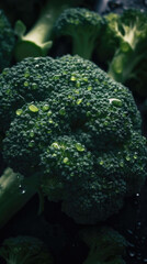 Fresh broccoli with water drops, close-up shot on black background. Generative AI.