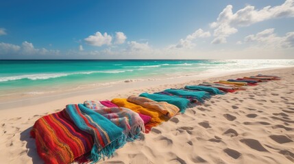 Fototapeta na wymiar Sun, Sand, and Sea: Colorful Beach Towels and Lounge Chairs on a Stunning Sandy Beach, AI Generative
