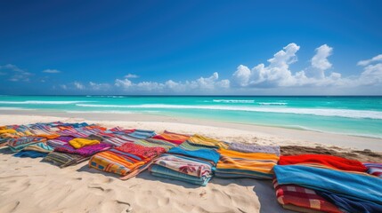 Tropical Delight: High-Angle View of Beautiful Beach Towels and Lounge Chairs in Bright Colors, AI Generative