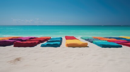 Beachfront Bonanza: Bright Towels and Lounge Chairs Set Against a Perfect Ocean Backdrop, AI Generative