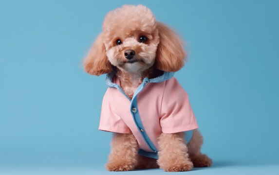 A poodle with pink ears sits in front of a blue background. Generative AI