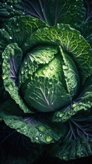 Obraz premium Fresh cabbage with water drops, close-up shot on black background. Generative AI.